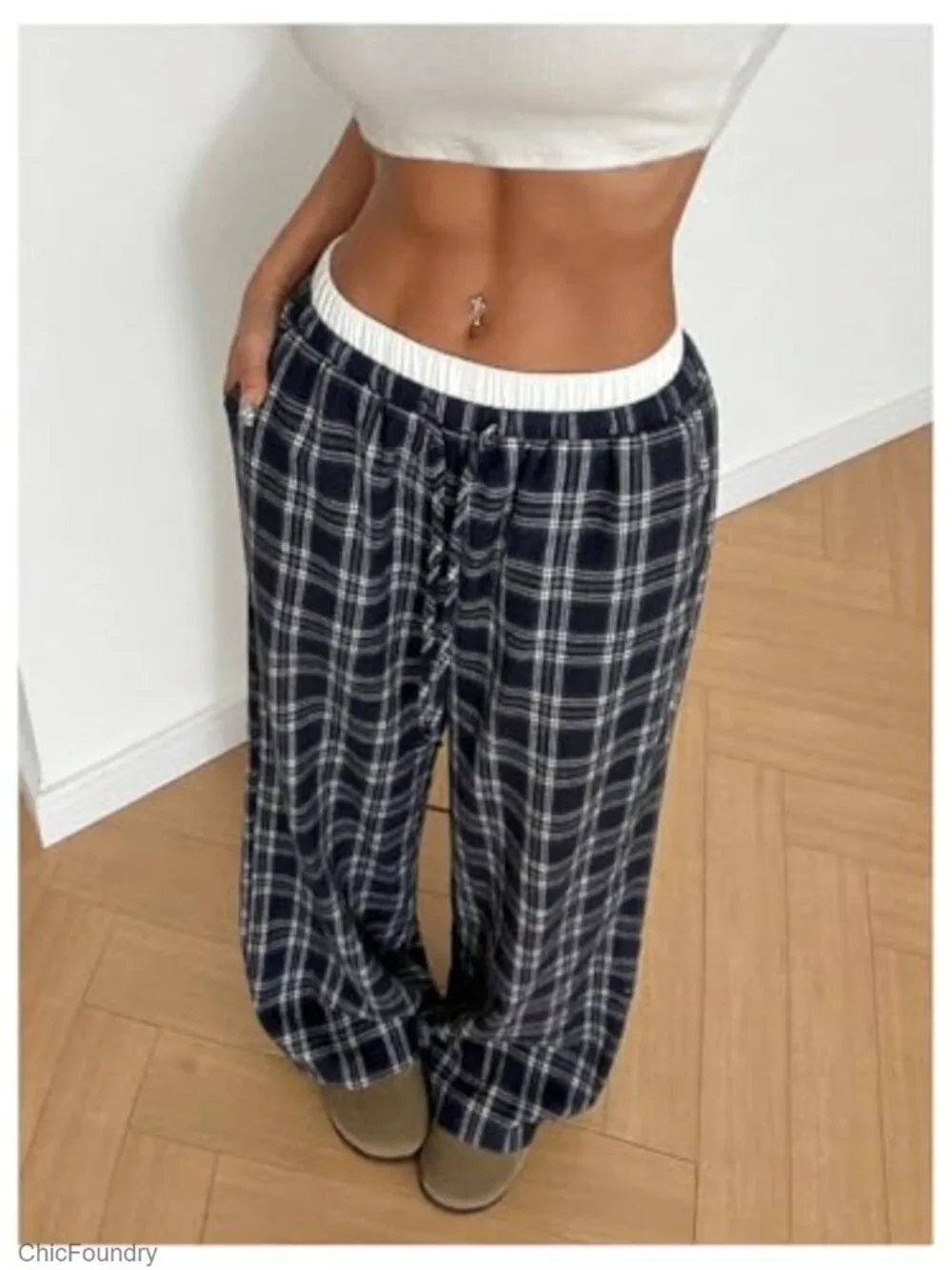 Girls Plaid Wide Leg Track Pants Baggy Loose Fit with Pockets